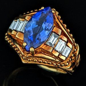 GIA Cert Vintage Tanzanite Baguette Cut Diamond 18k Yellow Gold Statement Ring